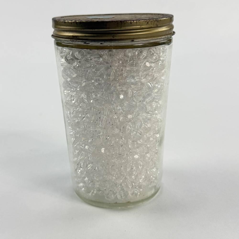 Vintage Faceted Clear Plastic Beads in Glass‎ Jar with Metal Lid Craft Supplies